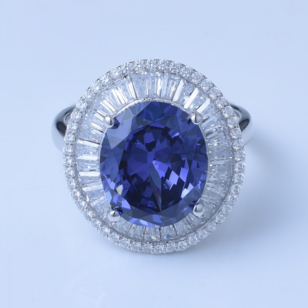 5 Carat Oval Blue Tanzanite CZ Rhodium Over Sterling Silver Diamond Wedding Rings 