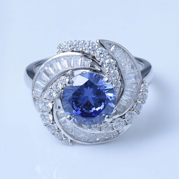 2 Ct Round Blue Tanzanite CZ Rhodium Over Sterling Silver Round Cut Engagement Rings 