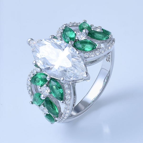 Green Emerald & White CZ Rhodium Over Sterling Silver Marquise Rings 