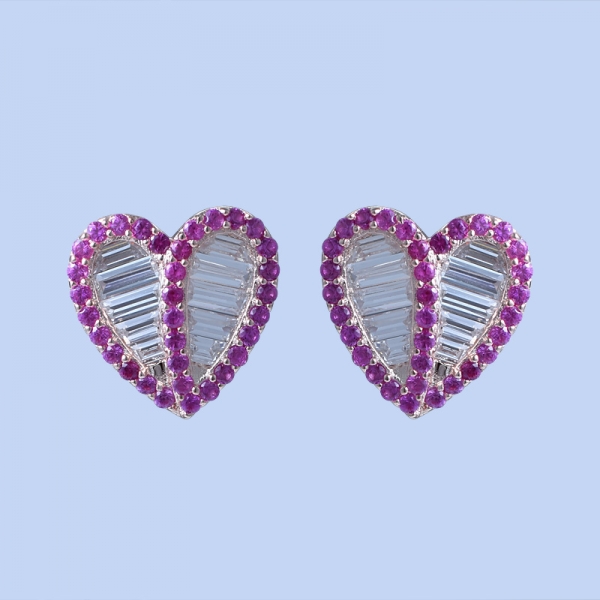 Lab Carat Ruby Corundum Rhodium Over Sterling Silver Heart Studs Earrings 