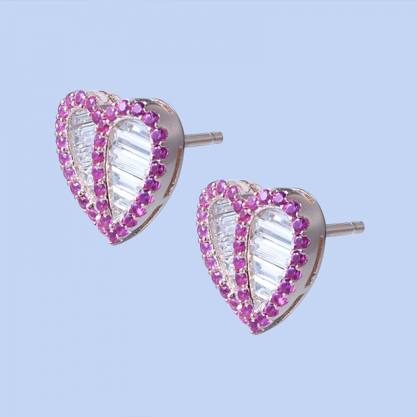 Lab Carat Ruby Corundum Rhodium Over Sterling Silver Heart Studs Earrings 