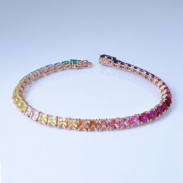 Synthetic Sapphire Cushion cut stone Rhodium Over Sterling Silver Rainbow Line Bracelet 