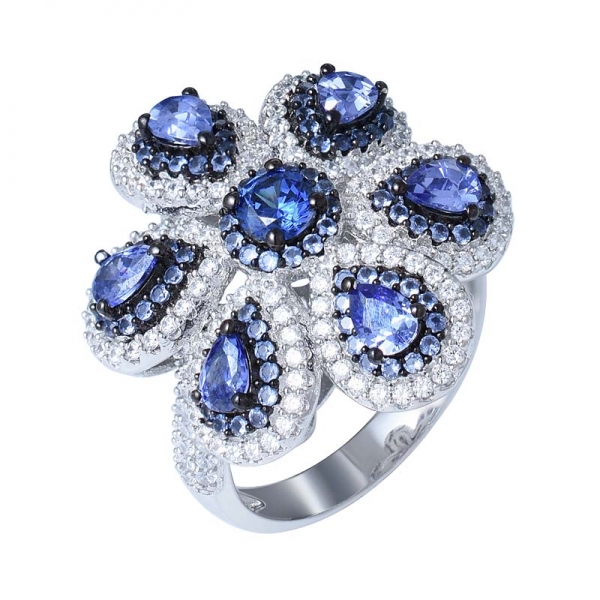 Flower Shaped Simulated Tanzanite & Lab Created 925 Sterling Silver Ring 