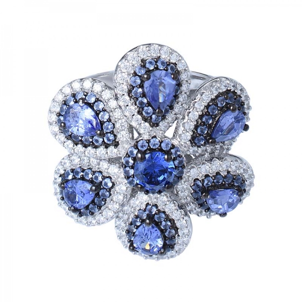 Flower Shaped Simulated Tanzanite & Lab Created 925 Sterling Silver Ring 