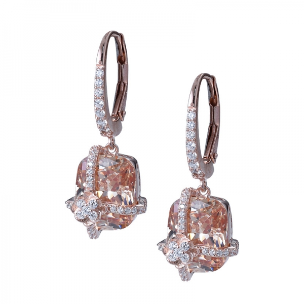 Wholesale Custom Jewelry 925 Sterling Silver CZ Rose Gold Plated Cushion-Cut Champagne cz Halo Diamond Earring Jewelry Set 