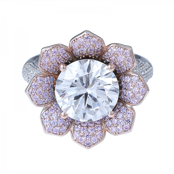New design flower style 10.0mm Round center white cz diamond engagement ring 