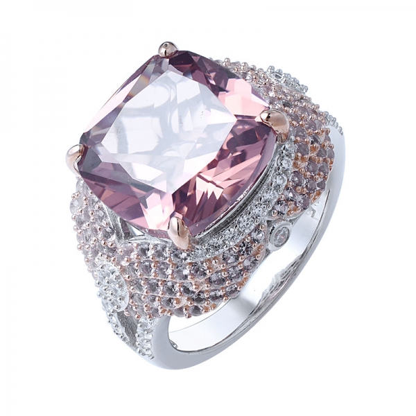 925 Silver Jewelry Luxury Cushion Cutting Pink Morganite Cubic Zirconia Gemstone Silver Ring 