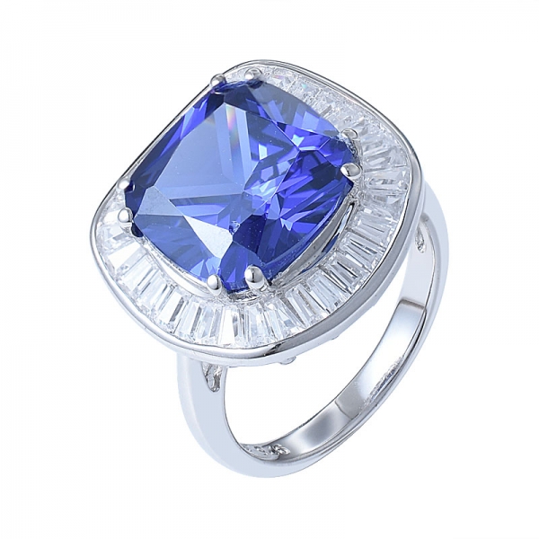 Sterling Silver with Cushion Created Tanzanite Halo Solitaire Band Ring 