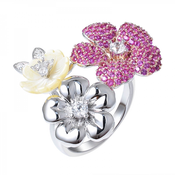 factory wholesale synthetic Ruby red corundum cz diamond 3 flower shape wedding ring 
