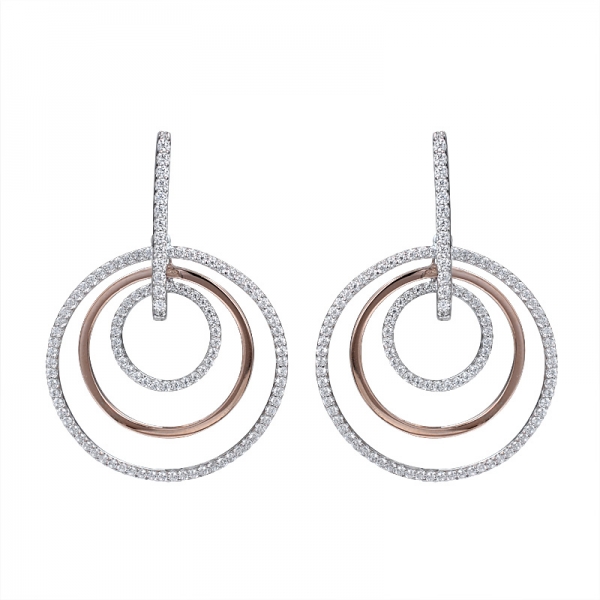White Cubic Zirconia 3 circles 2-tone plating Over Sterling Silver Hoop Earrings 