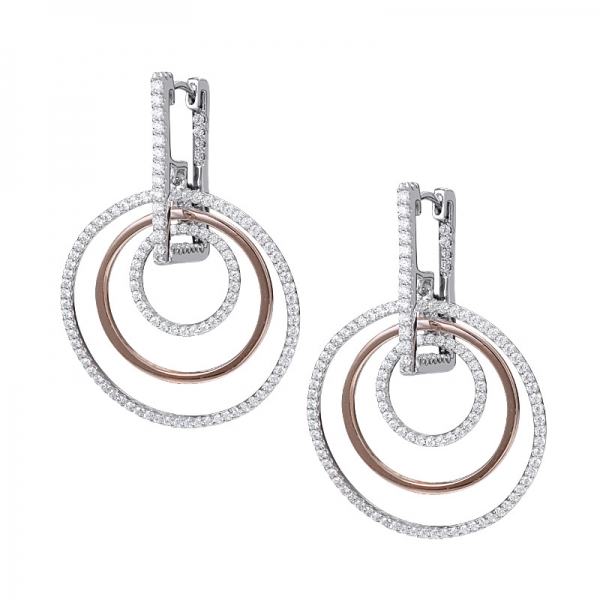 White Cubic Zirconia 3 circles 2-tone plating Over Sterling Silver Hoop Earrings 