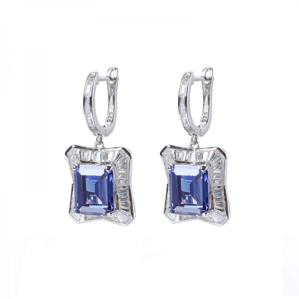 White Baguette And Tanzanite CZ Rhodium Over Sterling Silver Earrings 