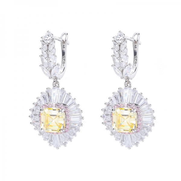 Asscher Cut Canary Yellow CZ With Round Pink CZ Rhodium Over Sterling Silver Earrings 