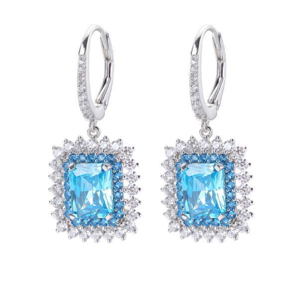 Elegant Aqua Blue CZ Rhodium Plating Over Sterling Silver Earrings 