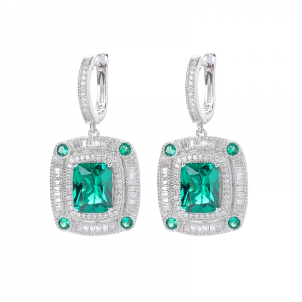 Classic Green Nano And White Baguette CZ Rhodium Over Sterling Silver Earrings 