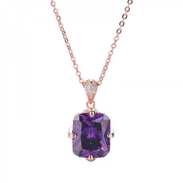 925 Amethyst Cubic Zirconia Rose Gold Plating Over Sterling Silver Pendant 