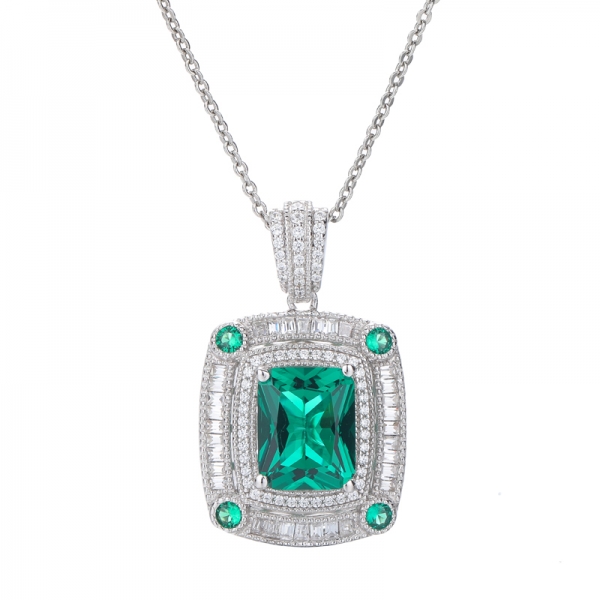 925 Classic Pendant With Green Nano And White Baguette CZ Rhodium Over Sterling Silver 