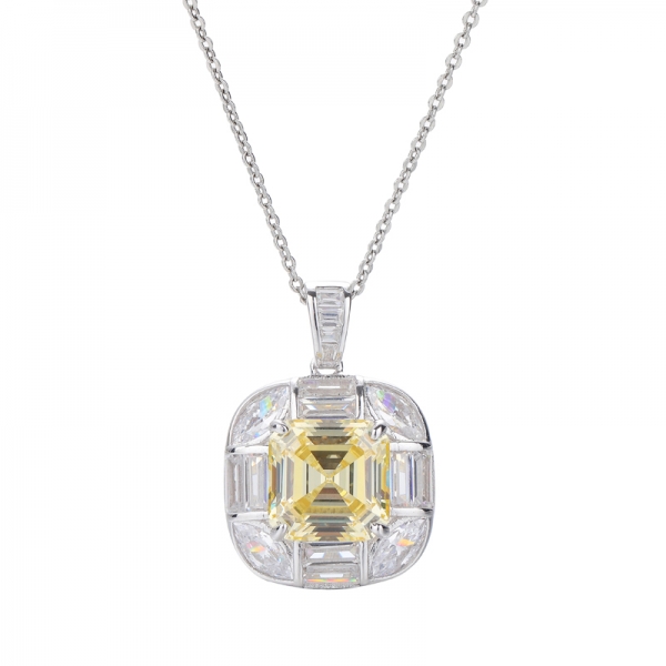 Asscher Cut Canary Cubic Zirconia Rhodium Plating Over Sterling Silver Pendant 