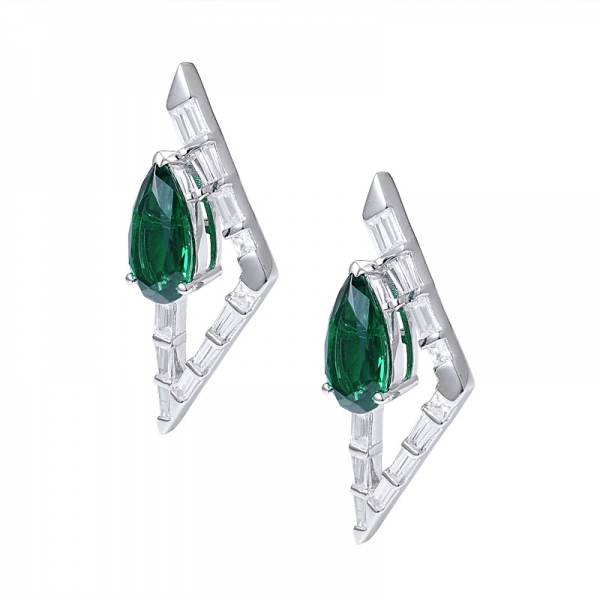 Pear Cutting Simulate Green Emerald rhodium over triangle shape stud earring 