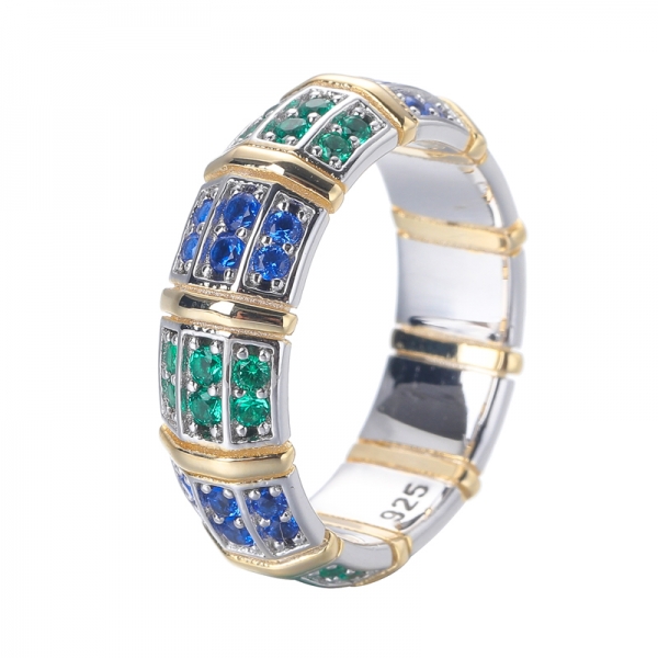 Lab Created Emerald And Sapphire Yellow Gold and Rhodium Over Sterling Silver Ring 