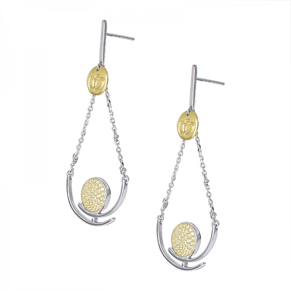 2 Tones Silver Geometric Metal yellow cz Drop Dangle Earrings 