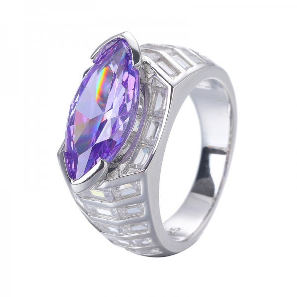 Fancy Marquise Shape Lavender And White Baguette CZ Rhodium Over Sterling Silver Ring 