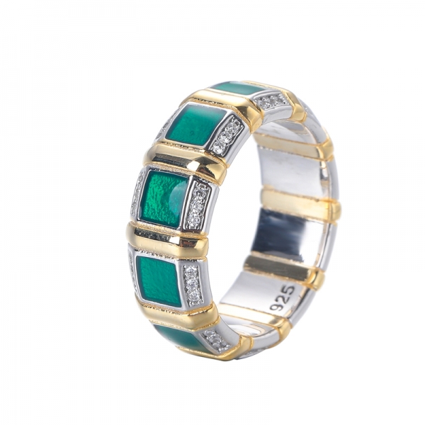 925 Green Enamel With White CZ Yellow Gold Over Sterling Silver Ring 