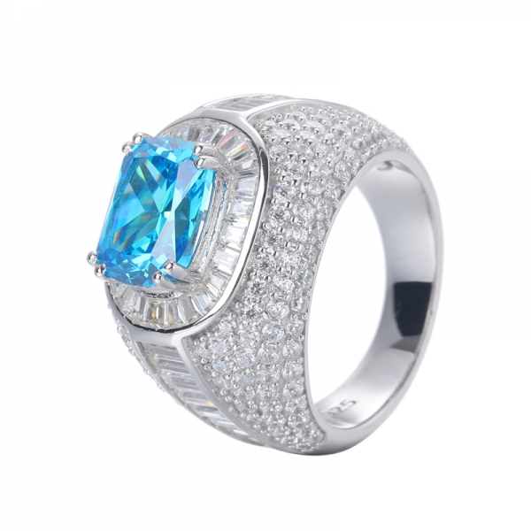 925 Fancy Aqua Blue And White CZ Rhodium Over Sterling Silver Ring 