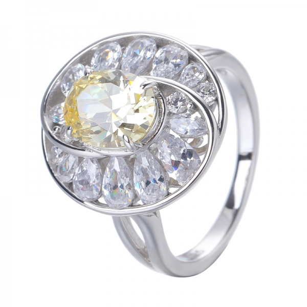 Diamond Yellow Color Cubic Zirconia Center Rhodium Over Sterling Silver Ring 