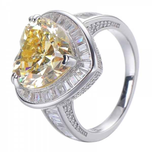 Heart Shape Canary CZ Center Rhodium Over Sterling Silver Ring 