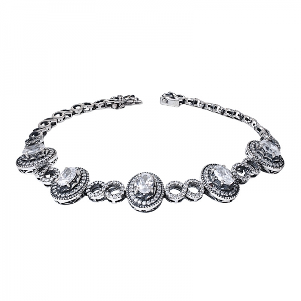 925 Silver Black Artisan Onyx White Oval cz stone Bracelet 