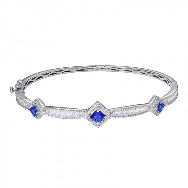 created blue sapphire &baguette cut white cz rhodium over silver bangle 