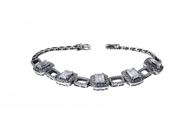 925 Silver Black Artisan Onyx White Emerald Cut cz stone Bracelet 