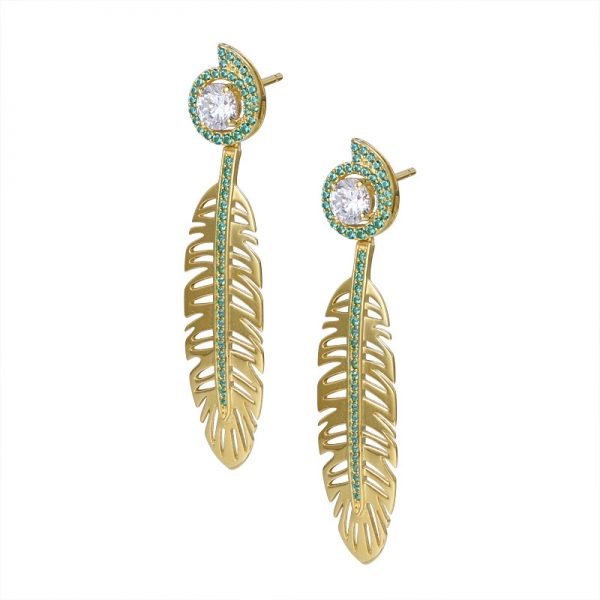 WHOLESALE GOLD 2 TONE PLATED green emerald LEAF DROP EARRING 