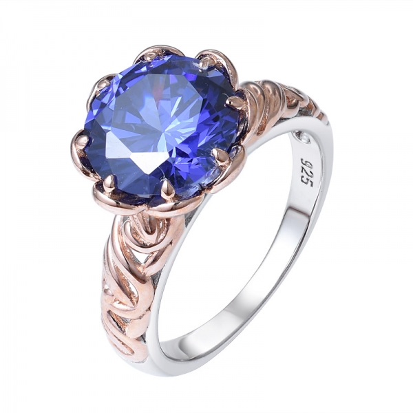 925 Sterling Silver 3.5ct Round Created Blue Tanzanite and White Diamond Engagement Ring 