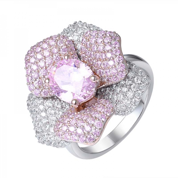 Lab Created Pink diamond 2ctw oval cut Rhodium Over Silver Rose flower Ring 