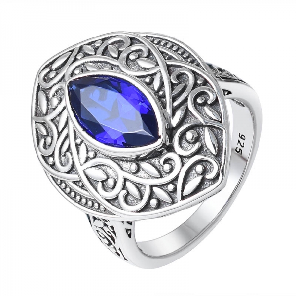 Marquises cuting Blue Sapphire Black Plated 925 Silver Jewelry Ring Supplier 