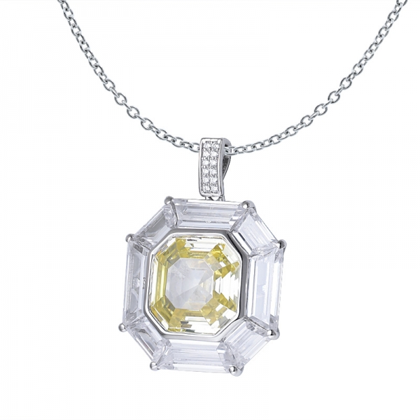 Asscher Cut simulate yellow diamond Rhodium Over Sterling Silver Crystal Pendant 