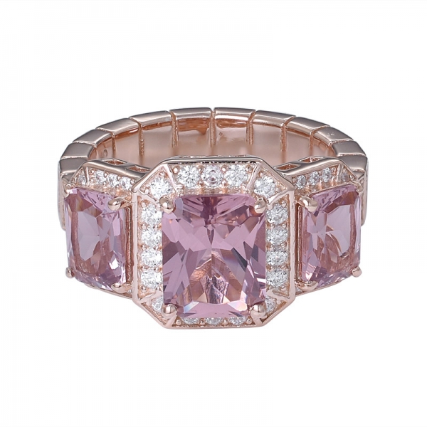 Created morganite princess cut CZ rose gold over sterling silver 3 stones halo ring 