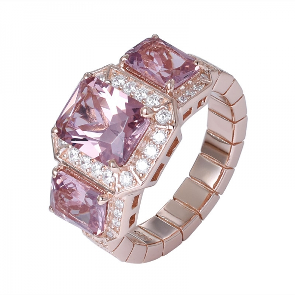 Created morganite princess cut CZ rose gold over sterling silver 3 stones halo ring 