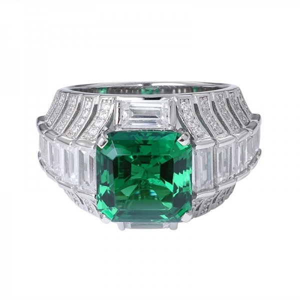 Asscher Created Green Emerald rhodium over sterling silver wedding ring 