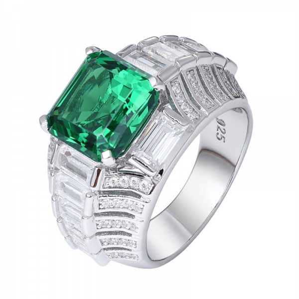 Asscher Created Green Emerald rhodium over sterling silver wedding ring 