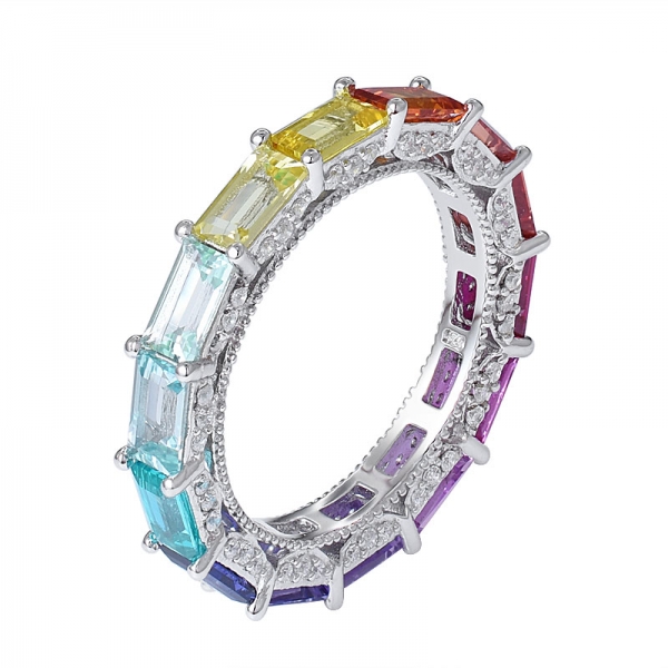 baguette cut synthetic colorful sapphire gemstone rhodium over eternity rainbow ring 