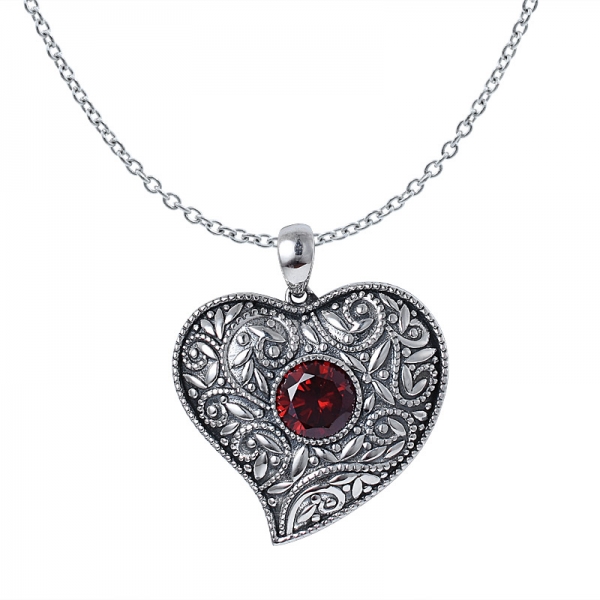 Created Garnet Cz Black Artisan over sterling silver heart shape pendant 