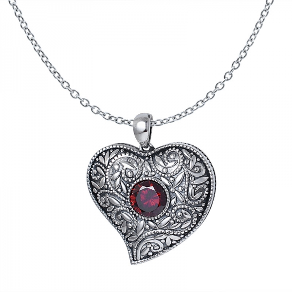 Created Garnet Cz Black Artisan over sterling silver heart shape pendant 