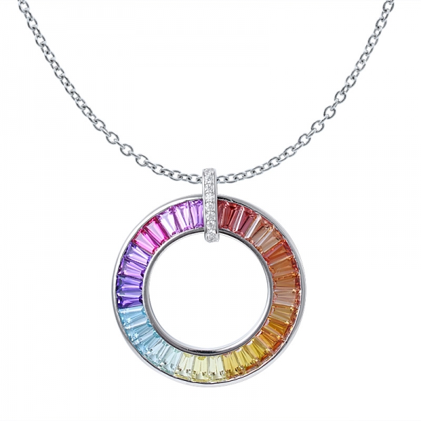 Synthetic Sapphire Baguette Cut Rhodium Over Sterling Silver Rainbow pendant for women 