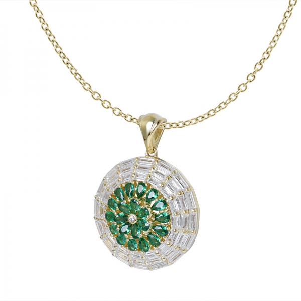 Pear shape green emerald yellow gold over sterling silver cluster pendant with chain 