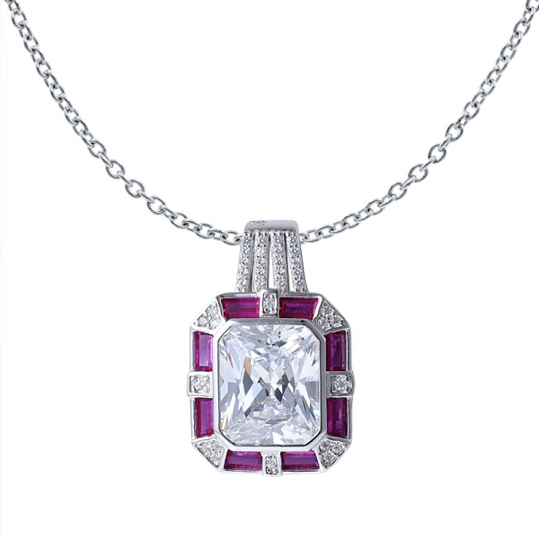 created ruby corundum &princess cut white cubic rhodium over sterling silver pendant 