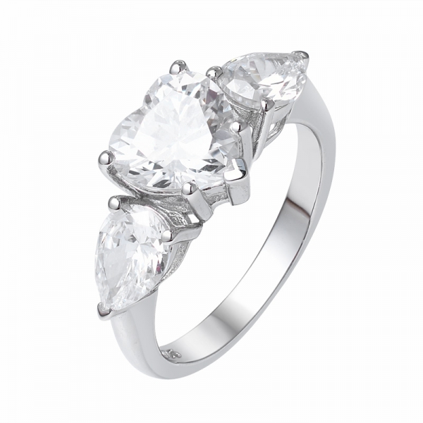 Heart&Pear cut white cz rhodium over sterling silver 3 stone band ring 