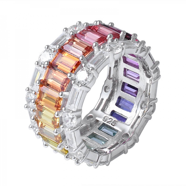 Synthetic Sapphire Baguette Cut Rhodium Over Sterling Silver 3 line Rainbow ring 